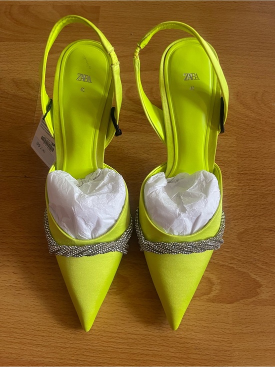 Zara Shoes - ZARA Neon Lime Pointed Slingback Heels with Crystal Band